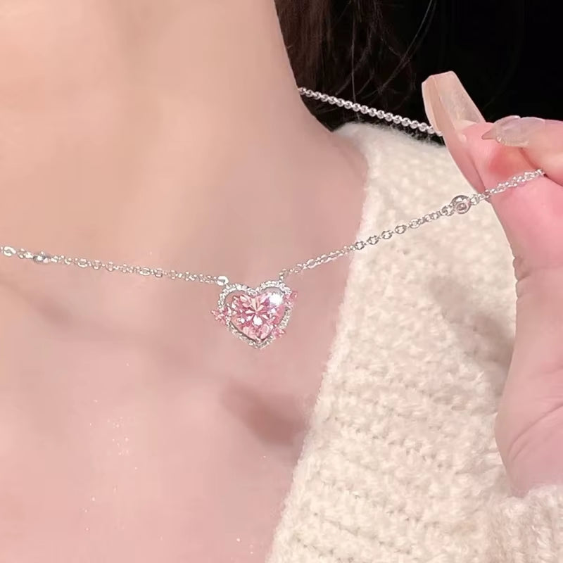 New 925 Sterling Silver Luxury Zircon Sweet Heart Pendant Necklaces for Women Designer Jewelry Gift Female Jewelry Free Shipping