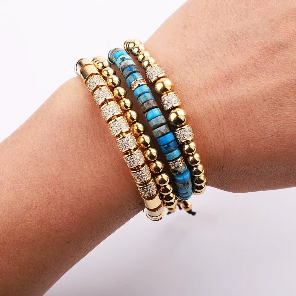 High Quality New Luxury CZ Charm Stainless Steel Beads Blue Imperial Stone Bracelet Bangle Men Jewelry Gift