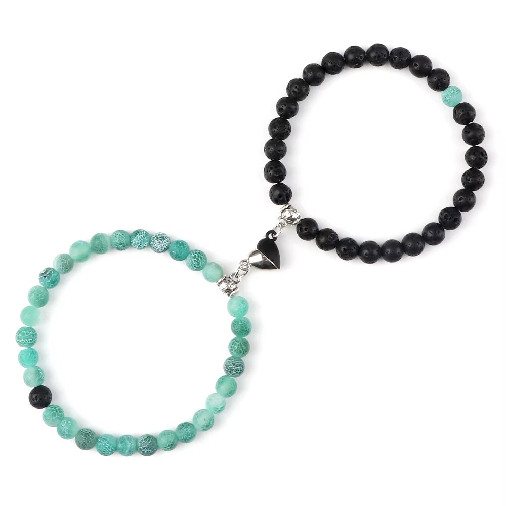 2 Pcs/Set Natural Stone Beads Bracelets Couples Fashion Black White Heart Magnet Connected Stretch Bangles for Women Men Jewelry