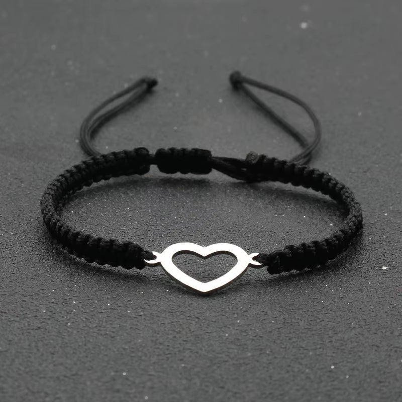 Silver Color Stainless Steel Love Heart Bracelet Couples Handmade Braided Lucky Rope Charm Bracelets for Women Men Jewelry Gift