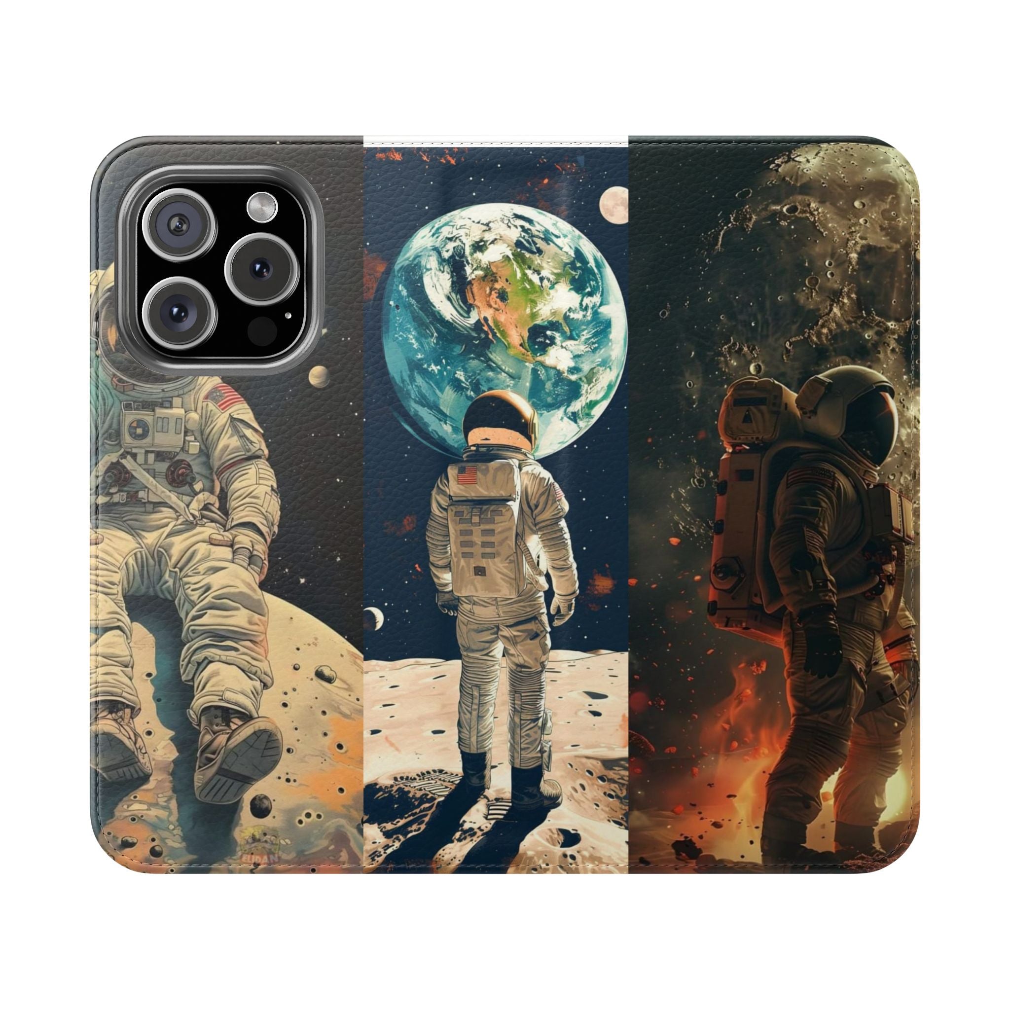 Cosmic Adventure Flip Case – Astronaut Themed Phone Cover with Card Slots