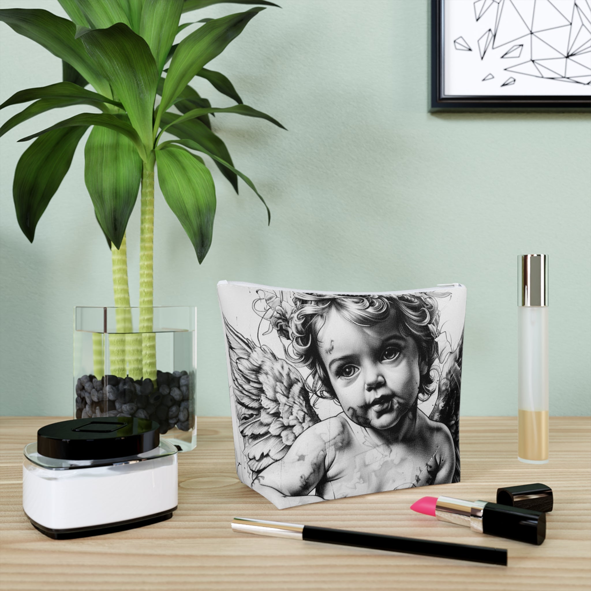 Artistic Cotton Cosmetic Bag – Vintage Angel & Money Designs, Perfect for Gifts and Travel