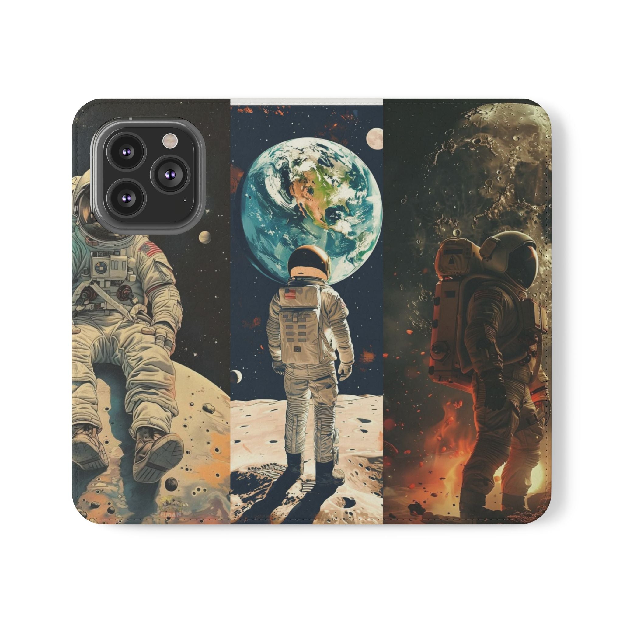 Cosmic Adventure Flip Case – Astronaut Themed Phone Cover with Card Slots