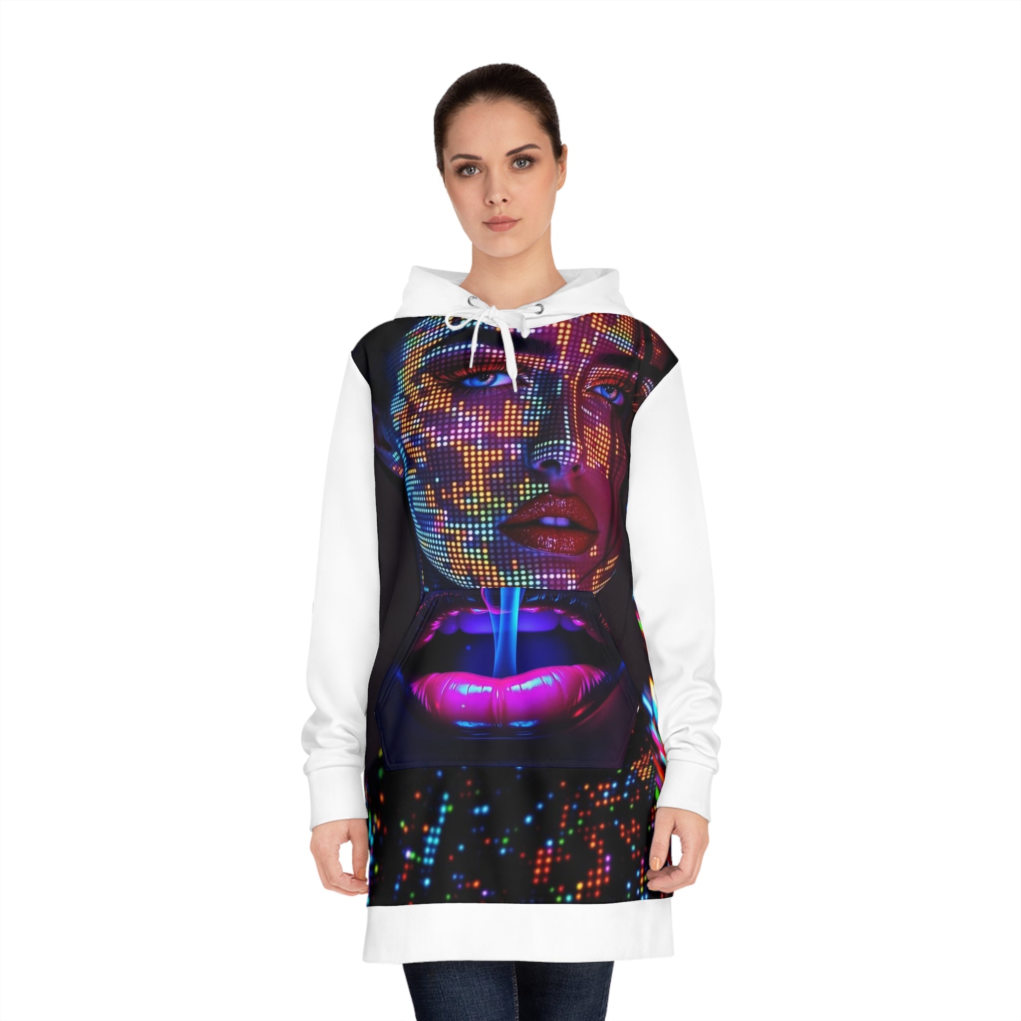 Futuristic Women&#039;s Hoodie Dress - Vibrant Neon Graphic Design