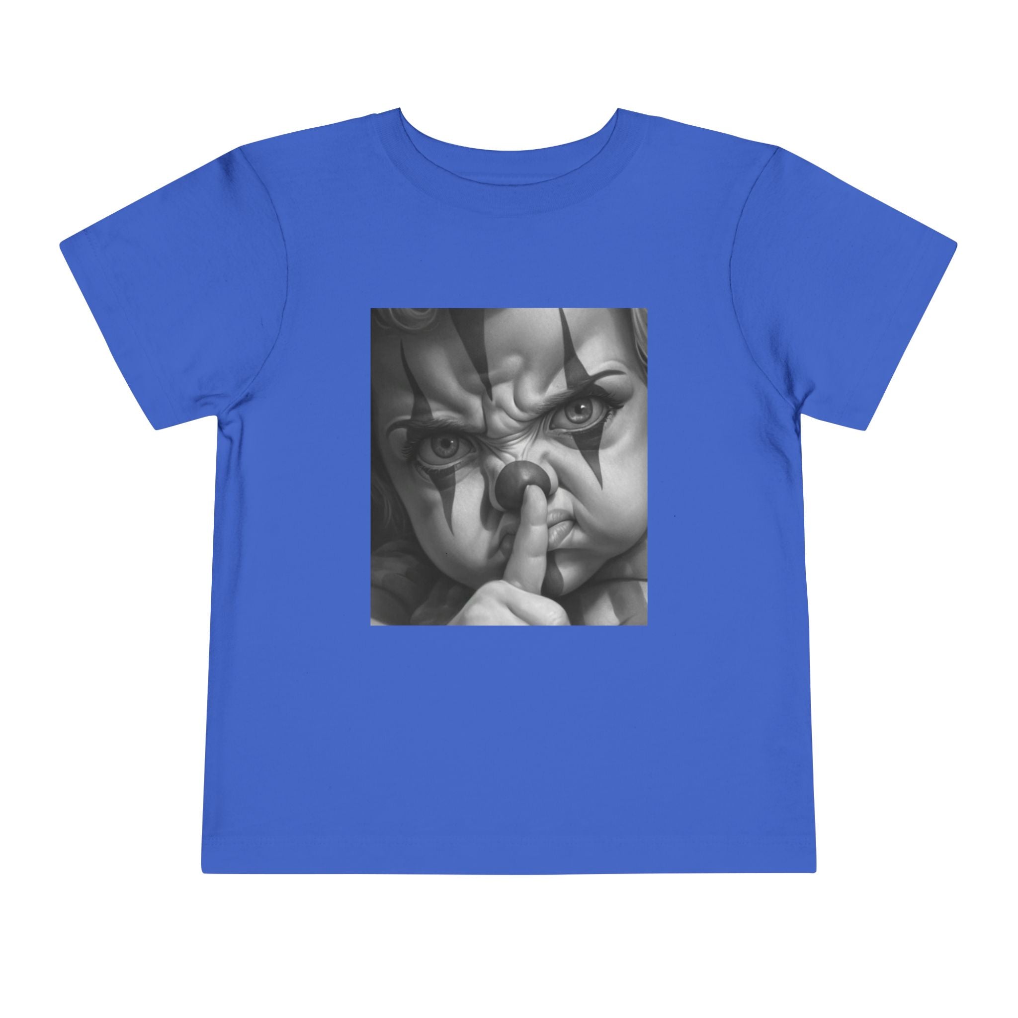 Toddler Short Sleeve Tee with Bold Clown Design & Surreal Landscape Print