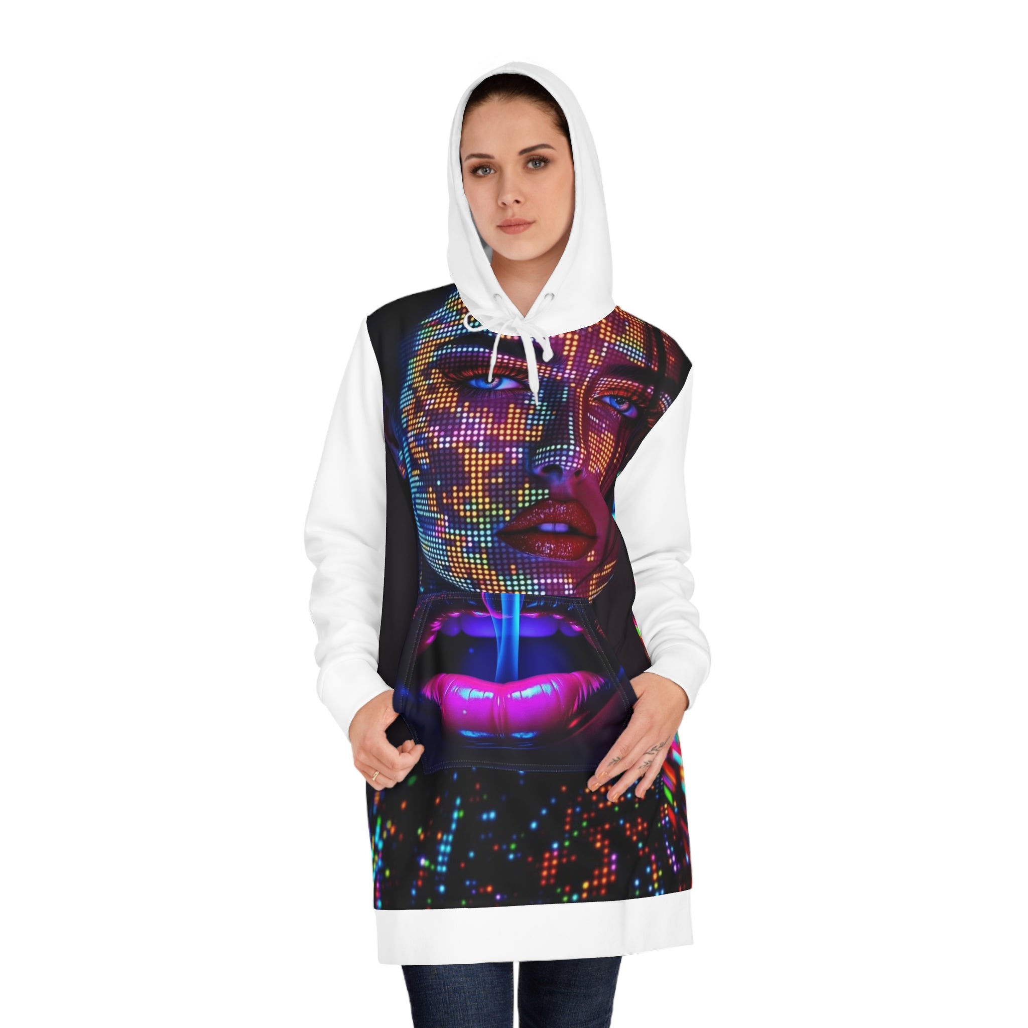 Futuristic Women&#039;s Hoodie Dress - Vibrant Neon Graphic Design