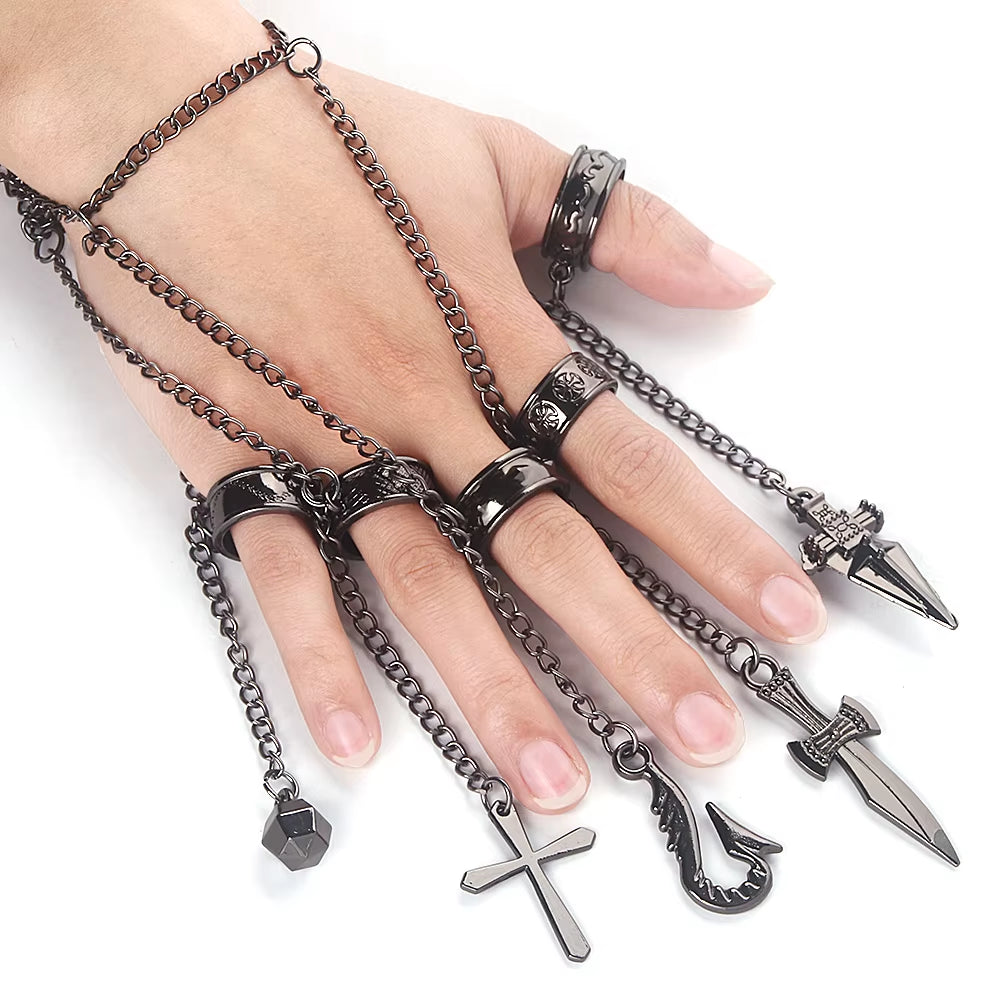 Hunter X Hunter Kurapika 5 Rings Chain Charms Bracelet Punk Hip Hop Vintage Cross Finger Chain Pendant for Women Men Jewelry