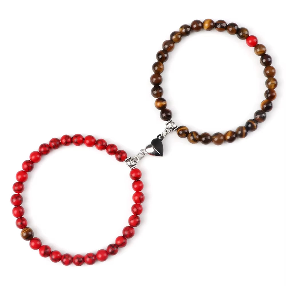 2 Pcs/Set Natural Stone Beads Bracelets Couples Fashion Black White Heart Magnet Connected Stretch Bangles for Women Men Jewelry