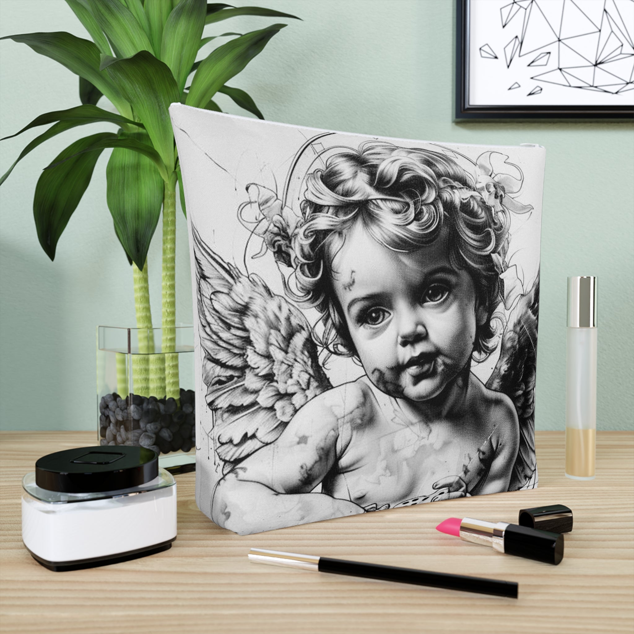 Artistic Cotton Cosmetic Bag – Vintage Angel & Money Designs, Perfect for Gifts and Travel
