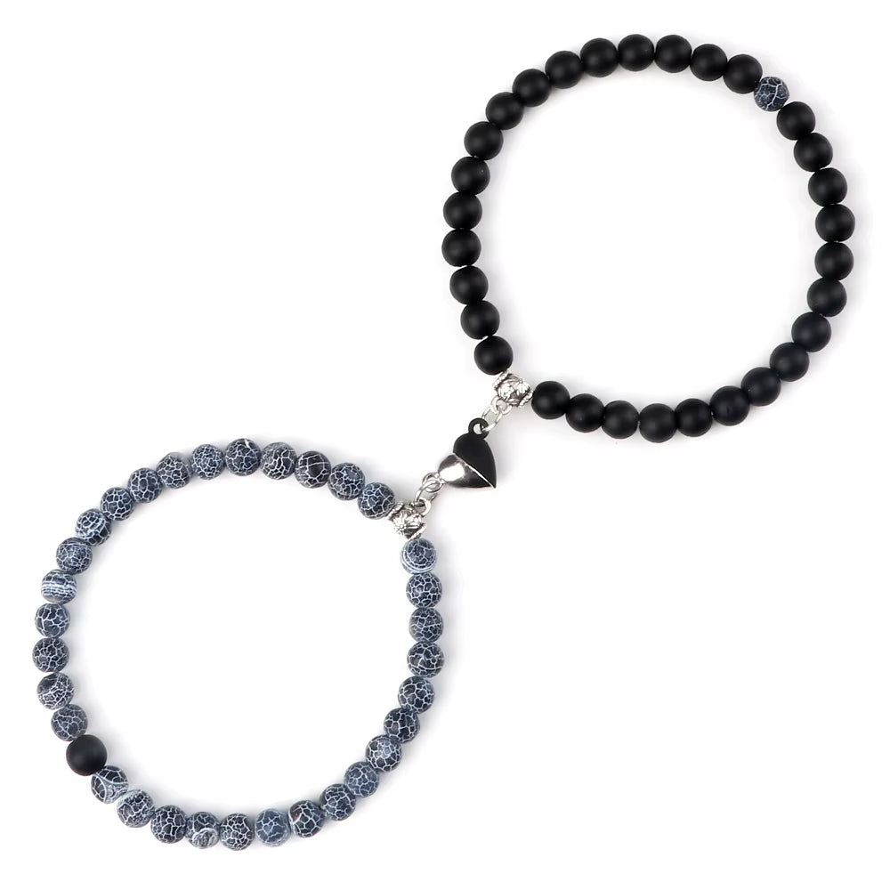 2 Pcs/Set Natural Stone Beads Bracelets Couples Fashion Black White Heart Magnet Connected Stretch Bangles for Women Men Jewelry