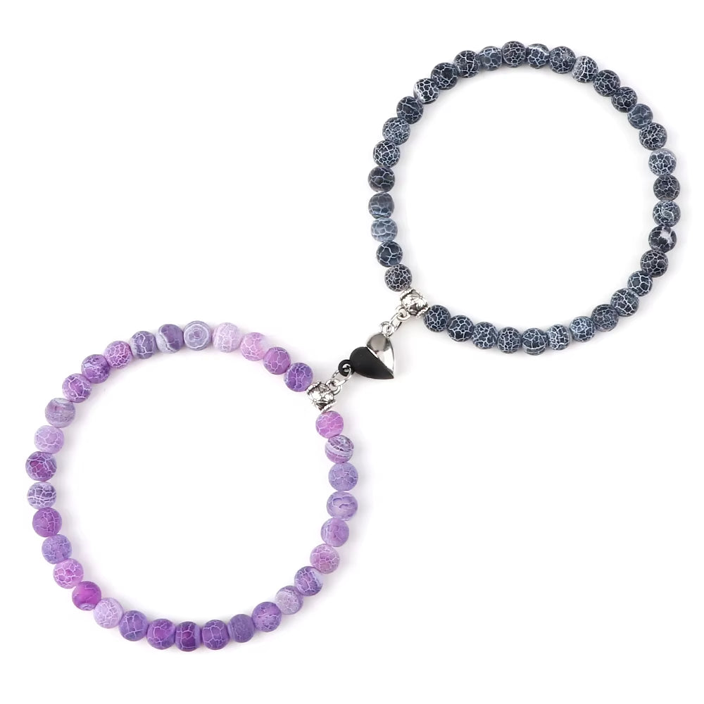 2 Pcs/Set Natural Stone Beads Bracelets Couples Fashion Black White Heart Magnet Connected Stretch Bangles for Women Men Jewelry