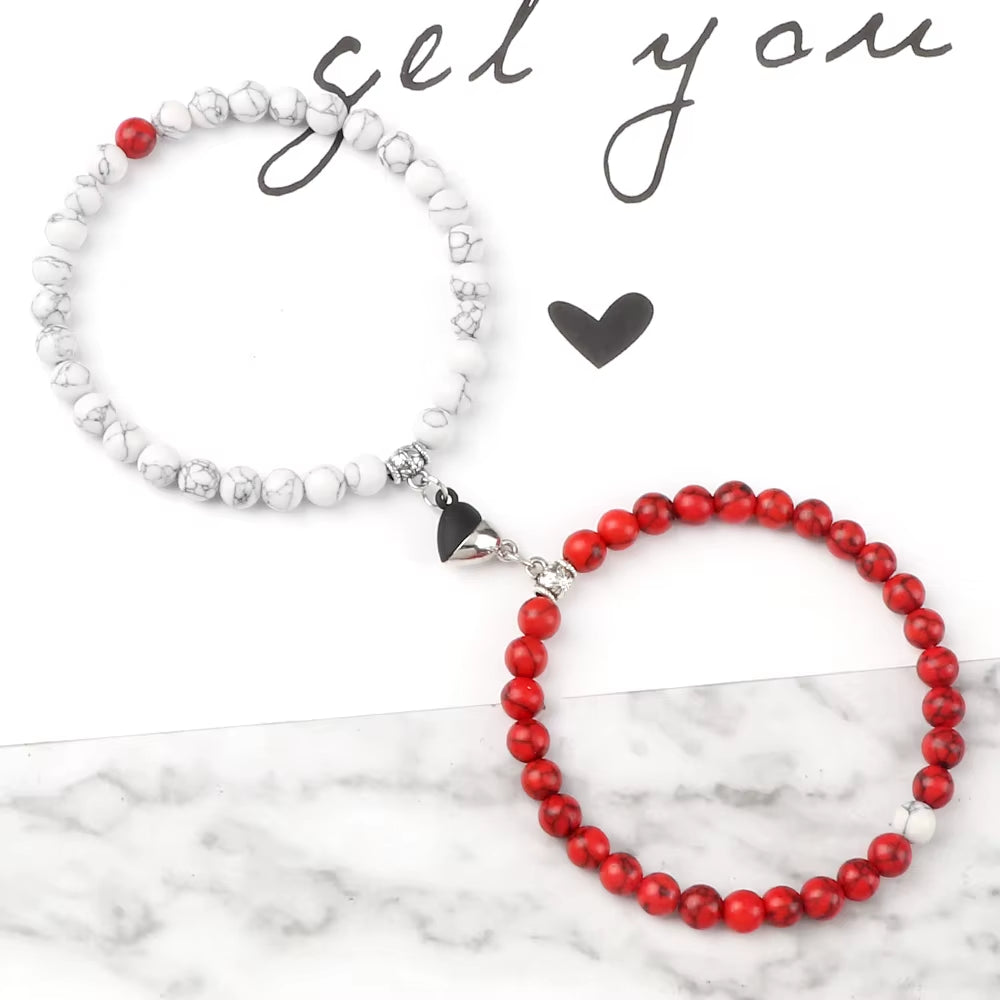 2 Pcs/Set Natural Stone Beads Bracelets Couples Fashion Black White Heart Magnet Connected Stretch Bangles for Women Men Jewelry