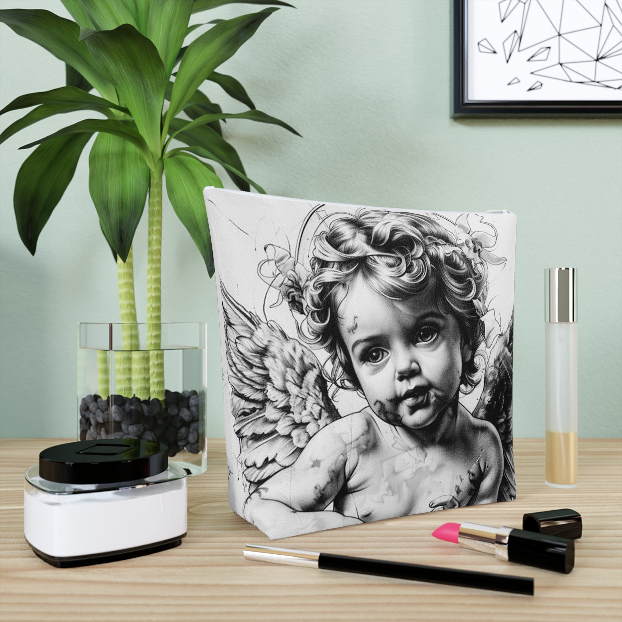 Artistic Cotton Cosmetic Bag – Vintage Angel & Money Designs, Perfect for Gifts and Travel