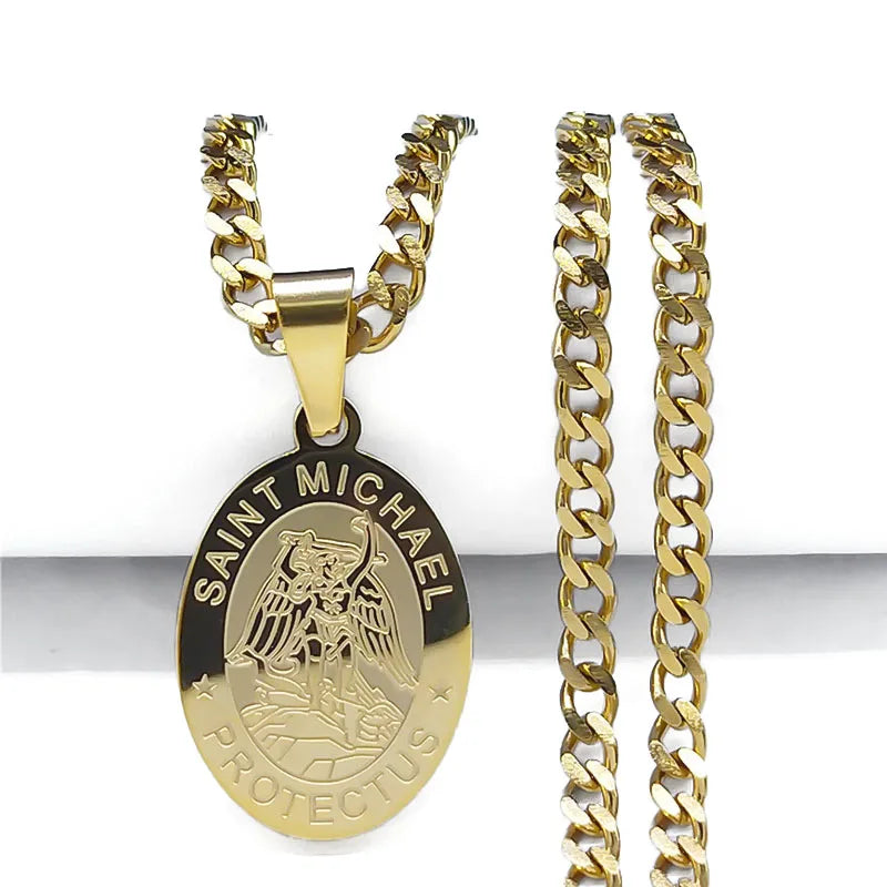 SAINT MICHAEL PROTECT US Archangel Stainless Steel Saint Michael Necklace Men/Women Gold Color Pendant Necklace Jewelry N3032S05