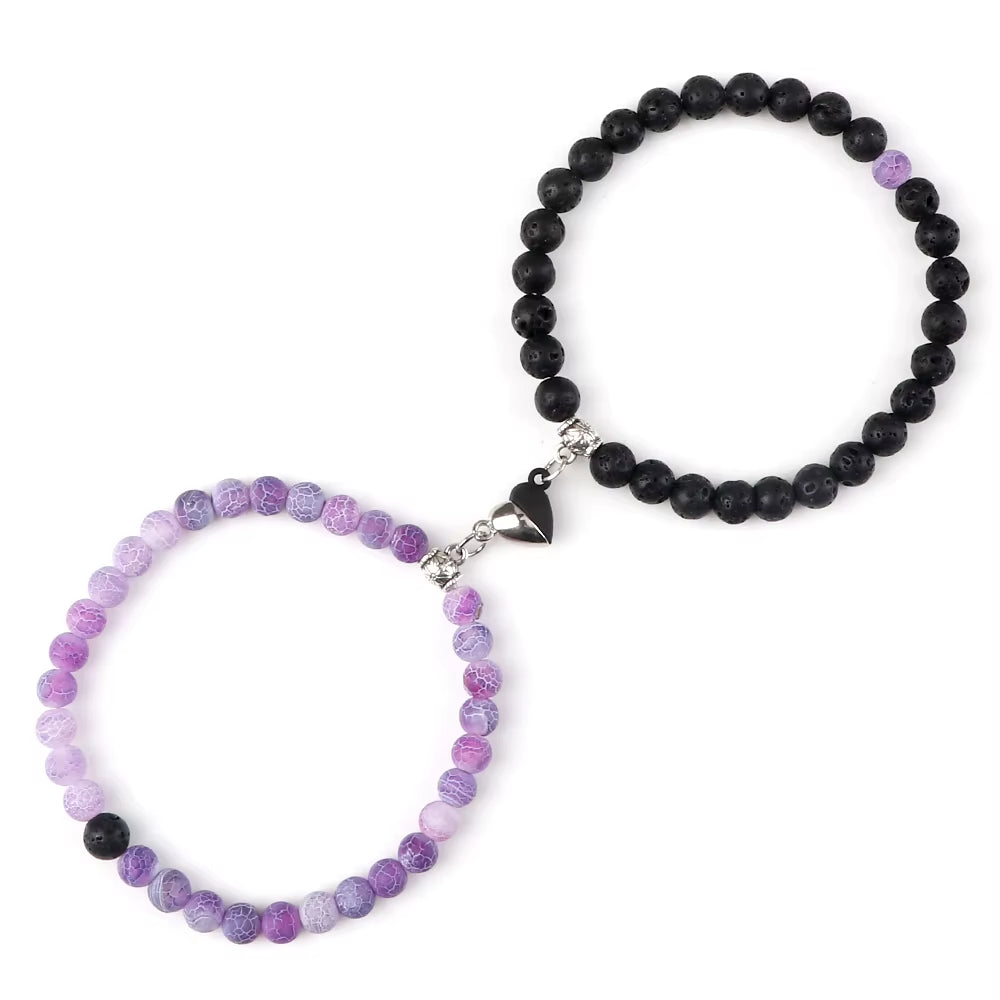 2 Pcs/Set Natural Stone Beads Bracelets Couples Fashion Black White Heart Magnet Connected Stretch Bangles for Women Men Jewelry