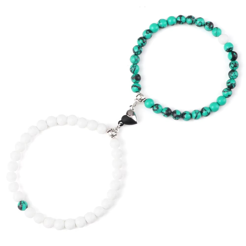 2 Pcs/Set Natural Stone Beads Bracelets Couples Fashion Black White Heart Magnet Connected Stretch Bangles for Women Men Jewelry