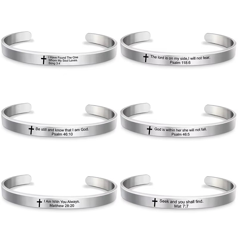 Classic Cross Bible Verse Stainless Steel Cuff Bracelet Bangle Christian Scripture Psalm Bangles for Women Men Jewelry