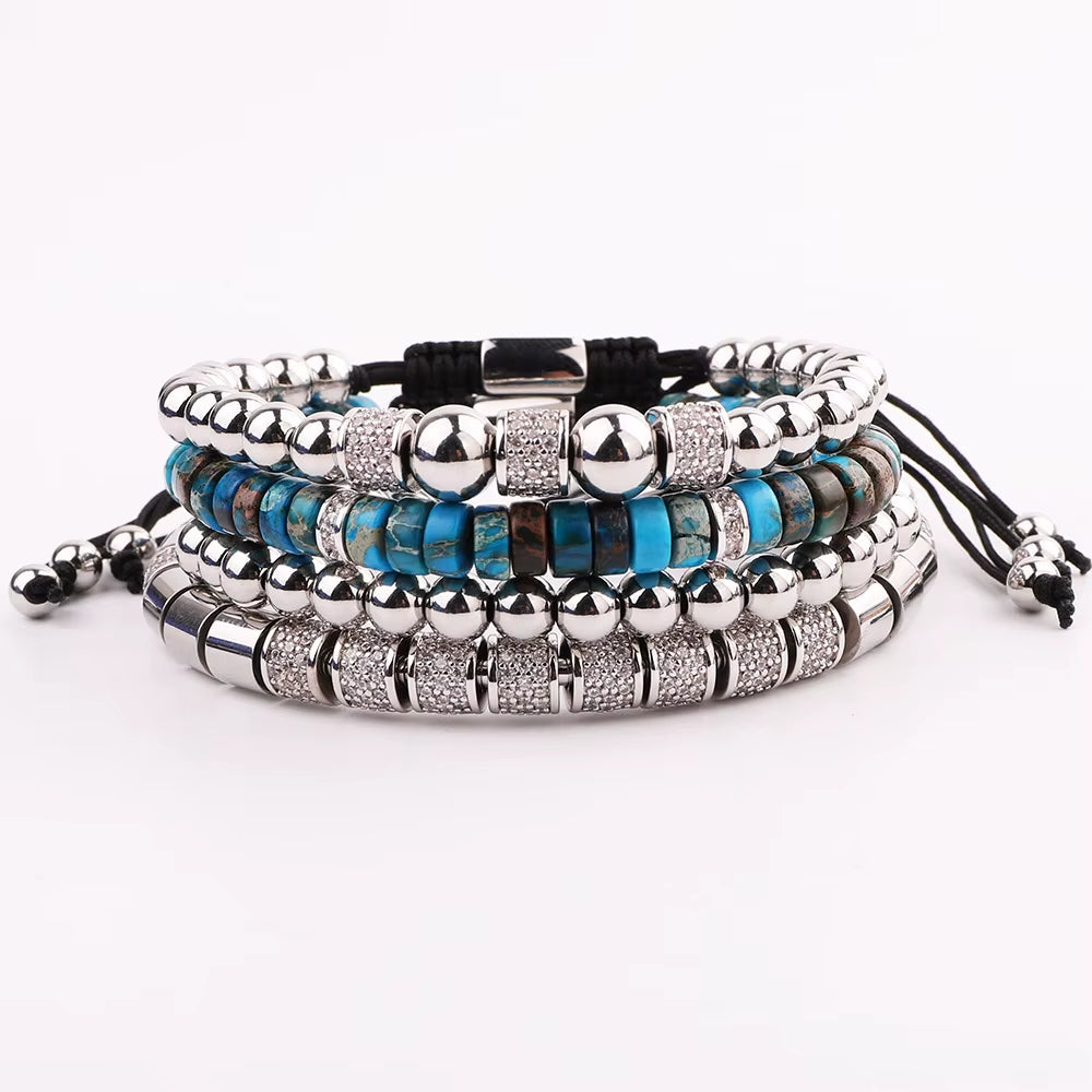 High Quality New Luxury CZ Charm Stainless Steel Beads Blue Imperial Stone Bracelet Bangle Men Jewelry Gift