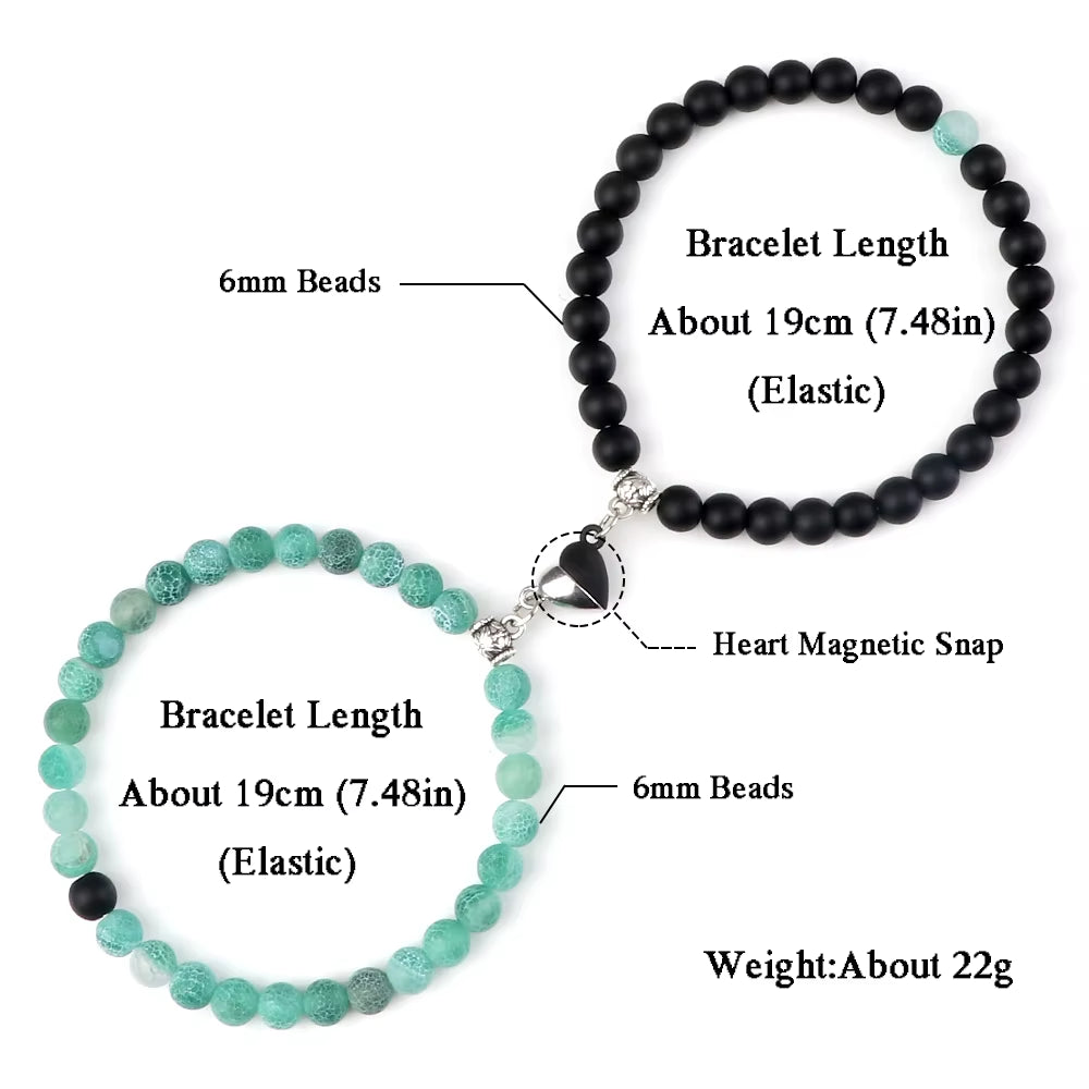 2 Pcs/Set Natural Stone Beads Bracelets Couples Fashion Black White Heart Magnet Connected Stretch Bangles for Women Men Jewelry