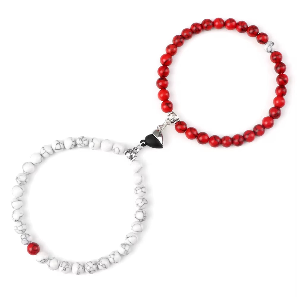 2 Pcs/Set Natural Stone Beads Bracelets Couples Fashion Black White Heart Magnet Connected Stretch Bangles for Women Men Jewelry