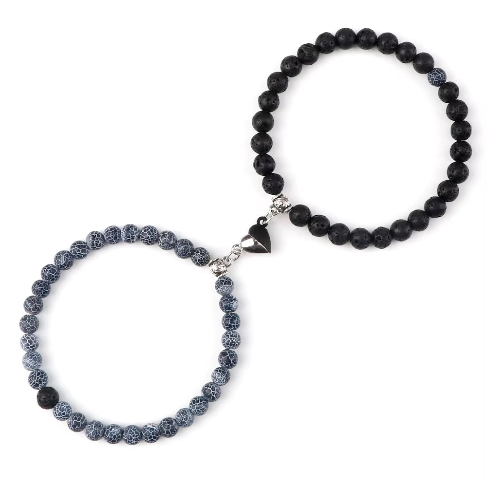 2 Pcs/Set Natural Stone Beads Bracelets Couples Fashion Black White Heart Magnet Connected Stretch Bangles for Women Men Jewelry