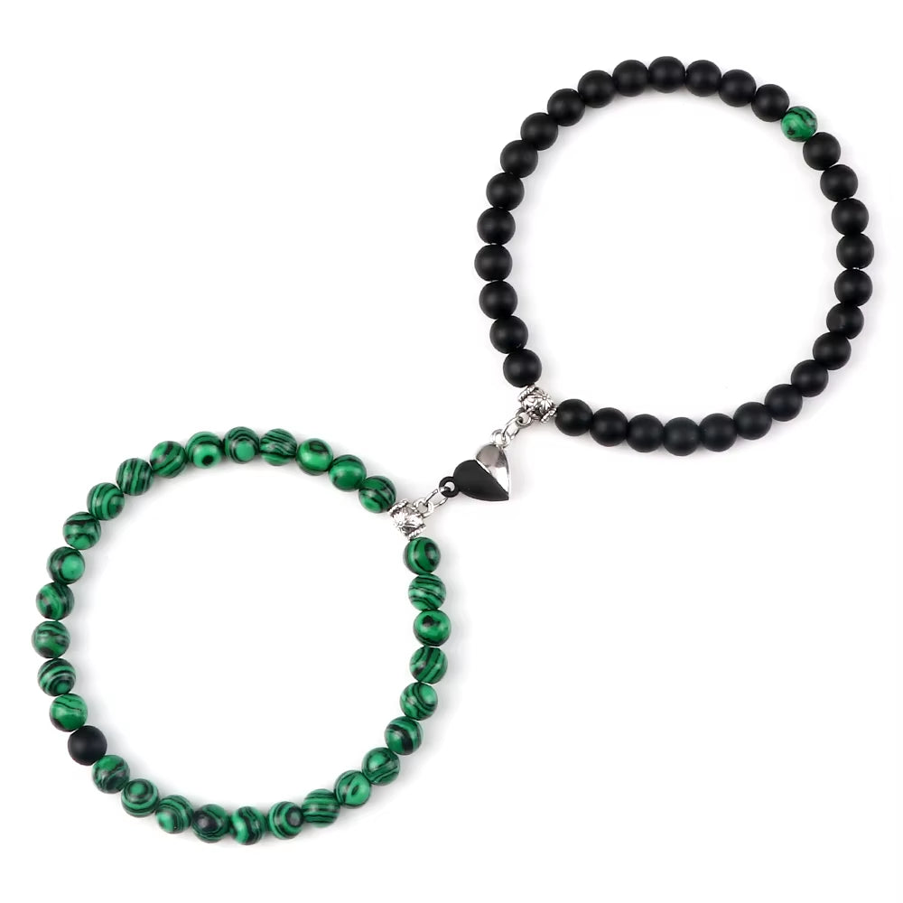 2 Pcs/Set Natural Stone Beads Bracelets Couples Fashion Black White Heart Magnet Connected Stretch Bangles for Women Men Jewelry