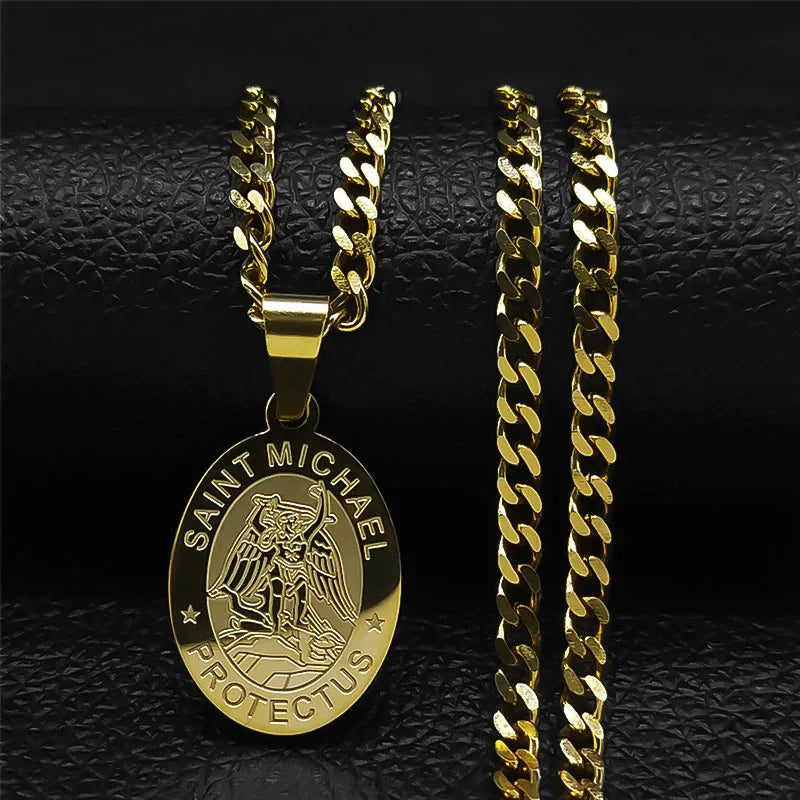 SAINT MICHAEL PROTECT US Archangel Stainless Steel Saint Michael Necklace Men/Women Gold Color Pendant Necklace Jewelry N3032S05