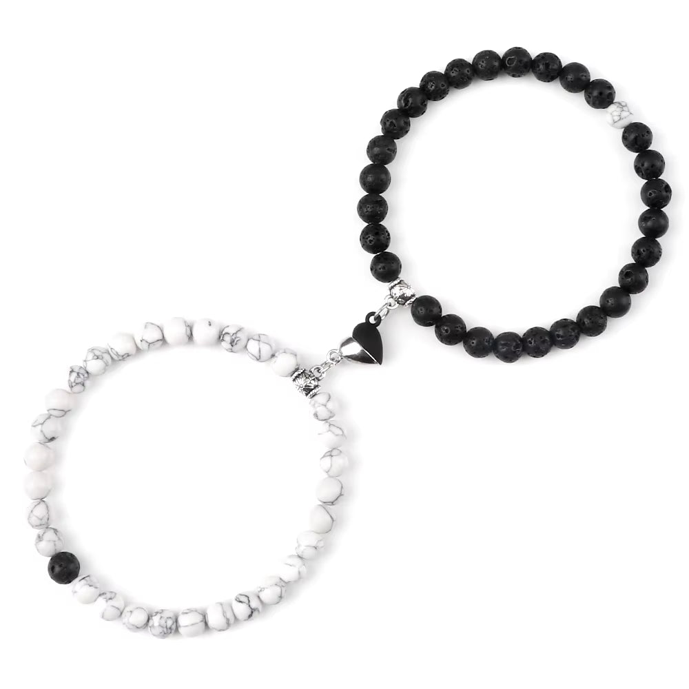 2 Pcs/Set Natural Stone Beads Bracelets Couples Fashion Black White Heart Magnet Connected Stretch Bangles for Women Men Jewelry