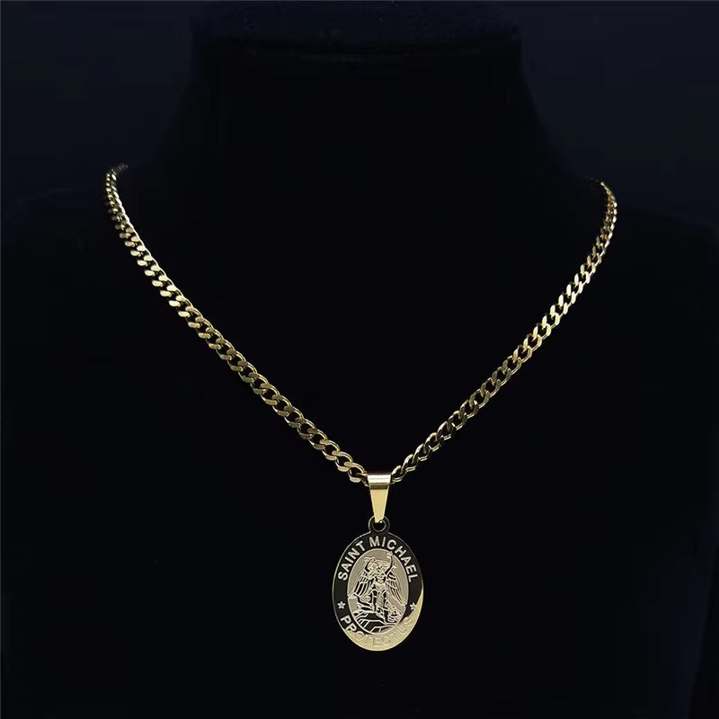 SAINT MICHAEL PROTECT US Archangel Stainless Steel Saint Michael Necklace Men/Women Gold Color Pendant Necklace Jewelry N3032S05