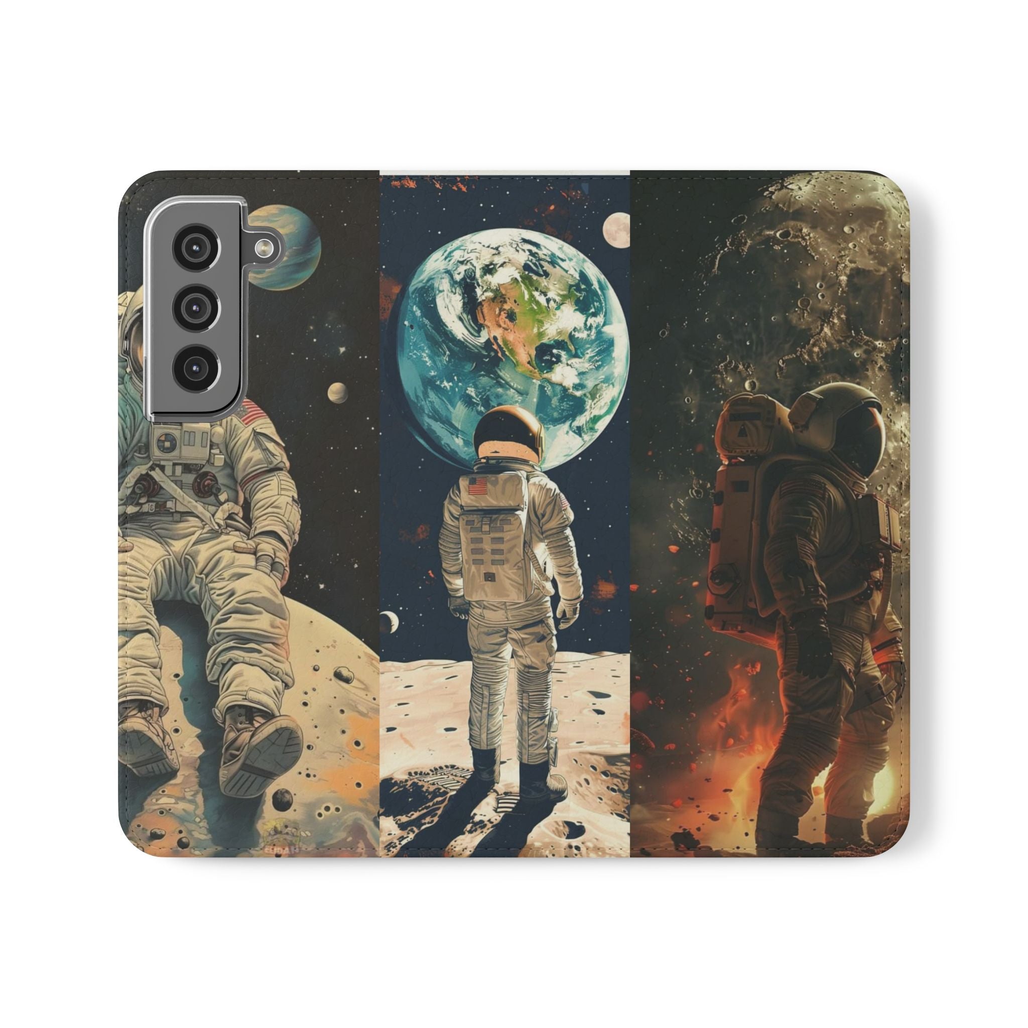 Cosmic Adventure Flip Case – Astronaut Themed Phone Cover with Card Slots