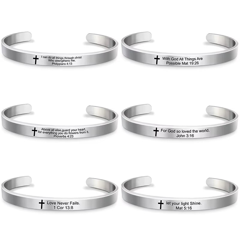 Classic Cross Bible Verse Stainless Steel Cuff Bracelet Bangle Christian Scripture Psalm Bangles for Women Men Jewelry
