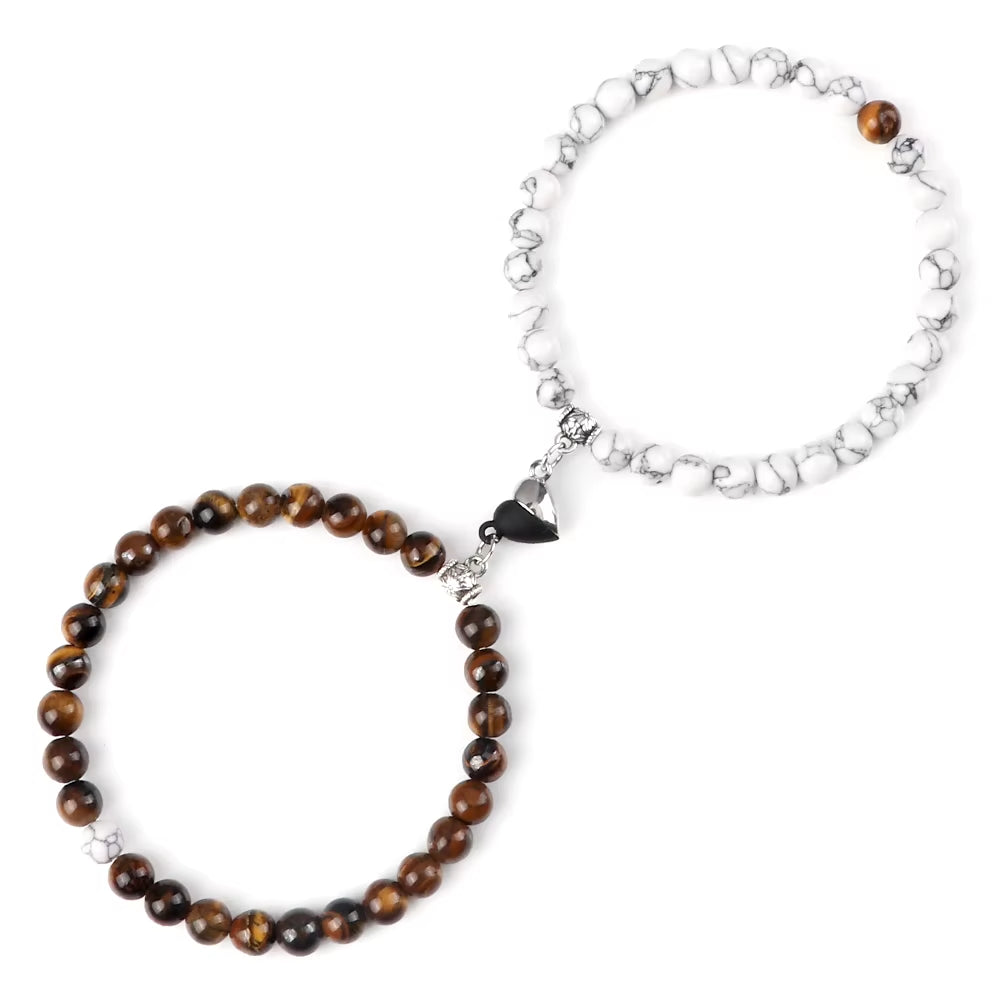 2 Pcs/Set Natural Stone Beads Bracelets Couples Fashion Black White Heart Magnet Connected Stretch Bangles for Women Men Jewelry