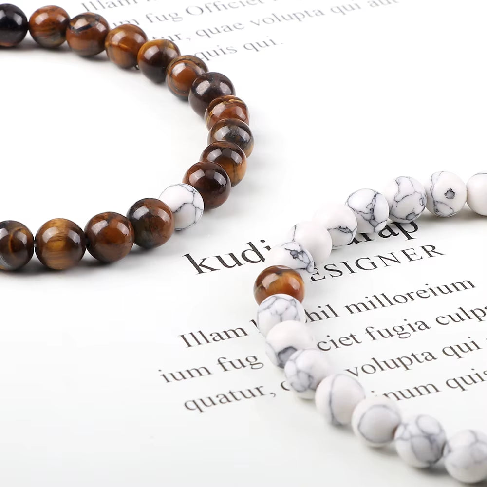 2 Pcs/Set Natural Stone Beads Bracelets Couples Fashion Black White Heart Magnet Connected Stretch Bangles for Women Men Jewelry