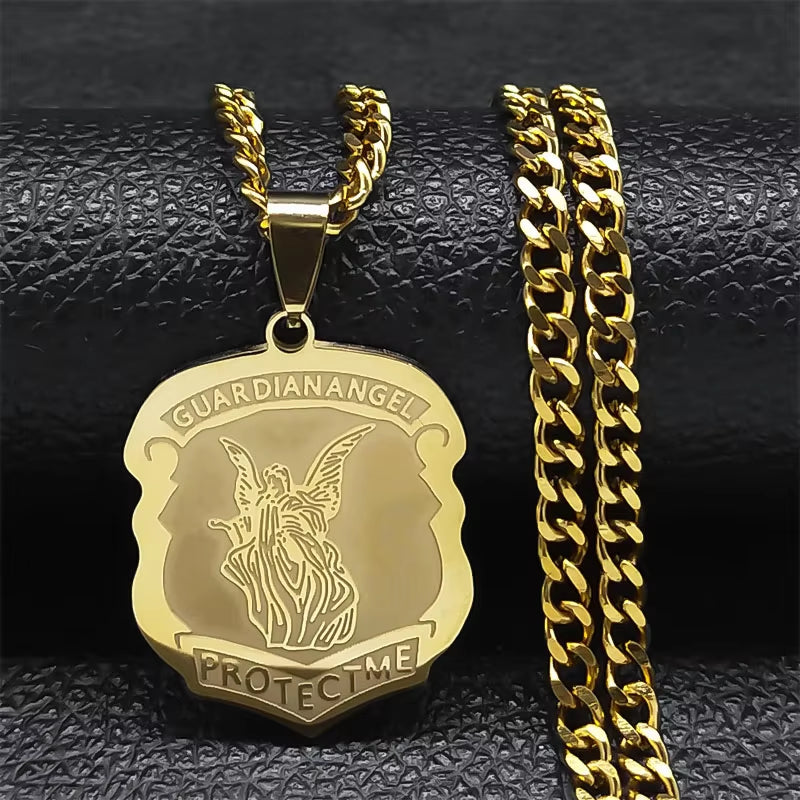SAINT MICHAEL PROTECT US Archangel Stainless Steel Saint Michael Necklace Men/Women Gold Color Pendant Necklace Jewelry N3032S05