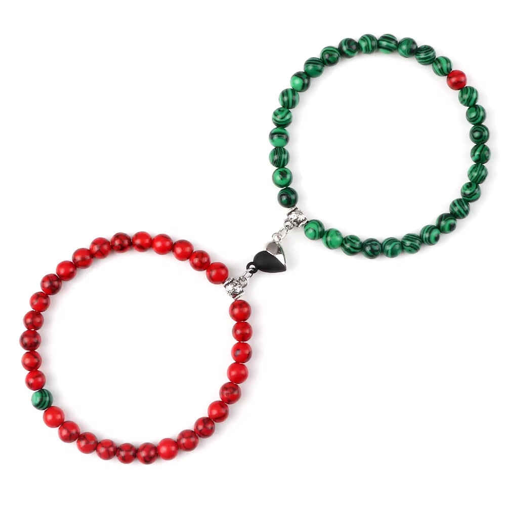 2 Pcs/Set Natural Stone Beads Bracelets Couples Fashion Black White Heart Magnet Connected Stretch Bangles for Women Men Jewelry
