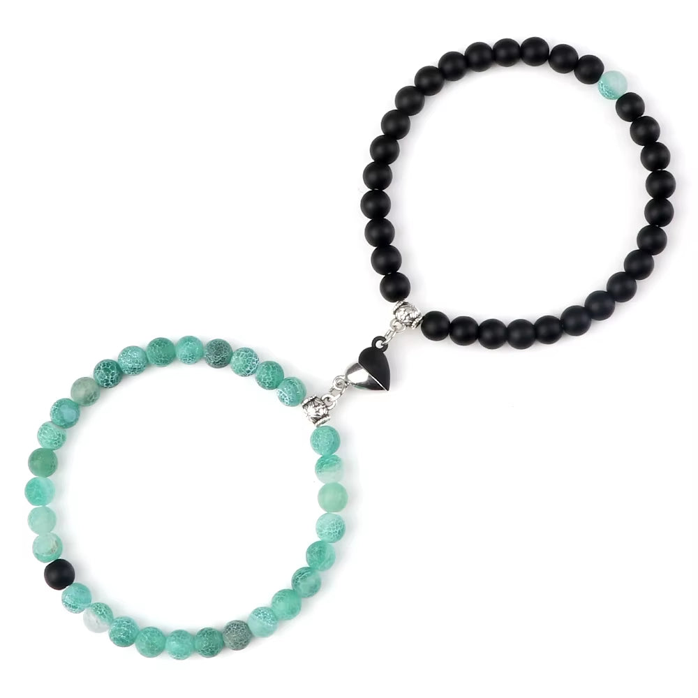 2 Pcs/Set Natural Stone Beads Bracelets Couples Fashion Black White Heart Magnet Connected Stretch Bangles for Women Men Jewelry