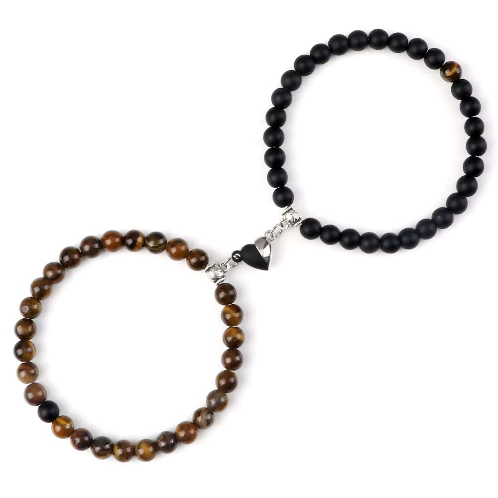 2 Pcs/Set Natural Stone Beads Bracelets Couples Fashion Black White Heart Magnet Connected Stretch Bangles for Women Men Jewelry