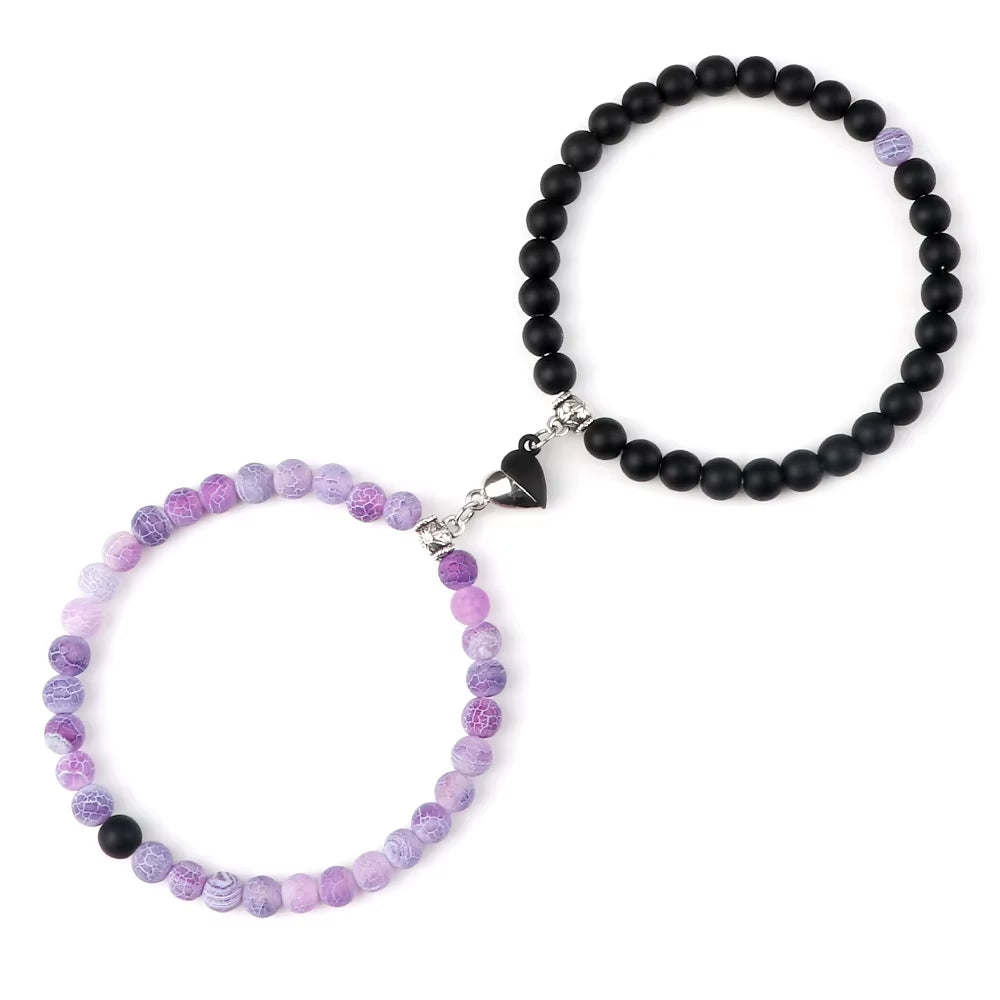 2 Pcs/Set Natural Stone Beads Bracelets Couples Fashion Black White Heart Magnet Connected Stretch Bangles for Women Men Jewelry