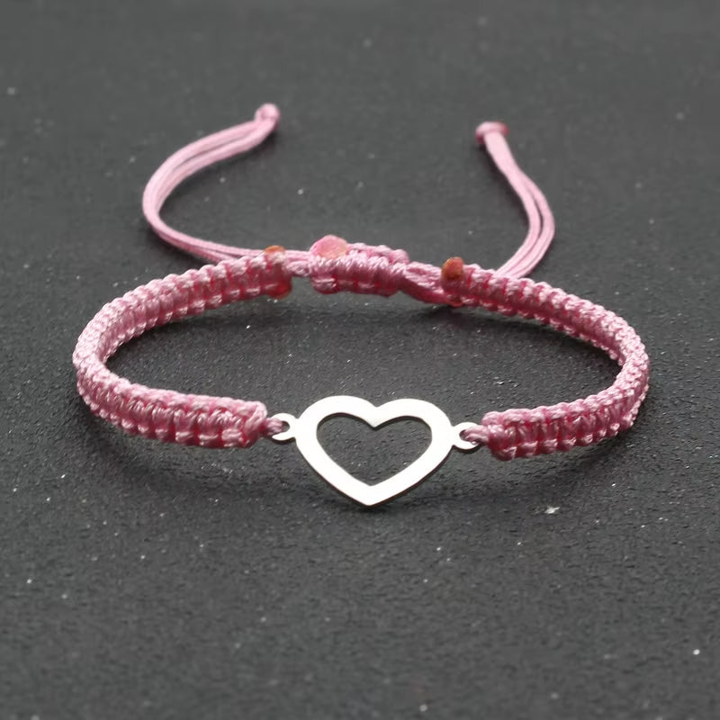 Silver Color Stainless Steel Love Heart Bracelet Couples Handmade Braided Lucky Rope Charm Bracelets for Women Men Jewelry Gift