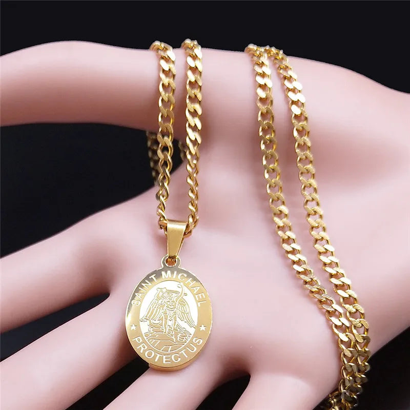 SAINT MICHAEL PROTECT US Archangel Stainless Steel Saint Michael Necklace Men/Women Gold Color Pendant Necklace Jewelry N3032S05