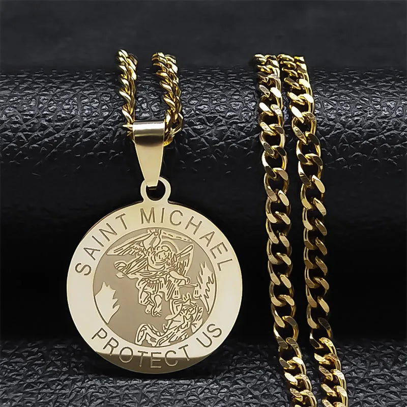SAINT MICHAEL PROTECT US Archangel Stainless Steel Saint Michael Necklace Men/Women Gold Color Pendant Necklace Jewelry N3032S05