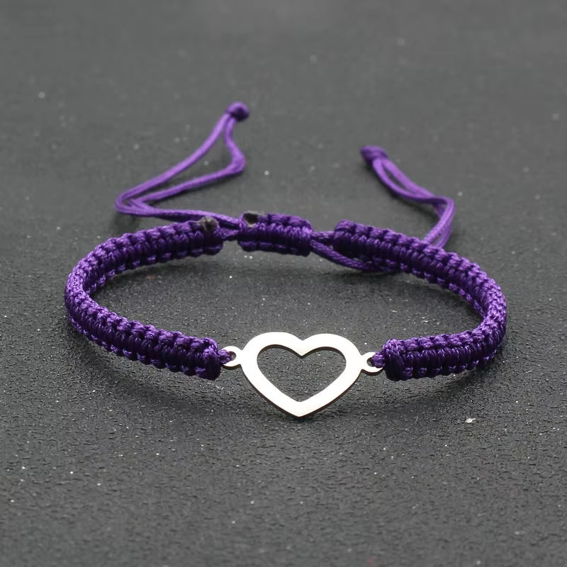 Silver Color Stainless Steel Love Heart Bracelet Couples Handmade Braided Lucky Rope Charm Bracelets for Women Men Jewelry Gift