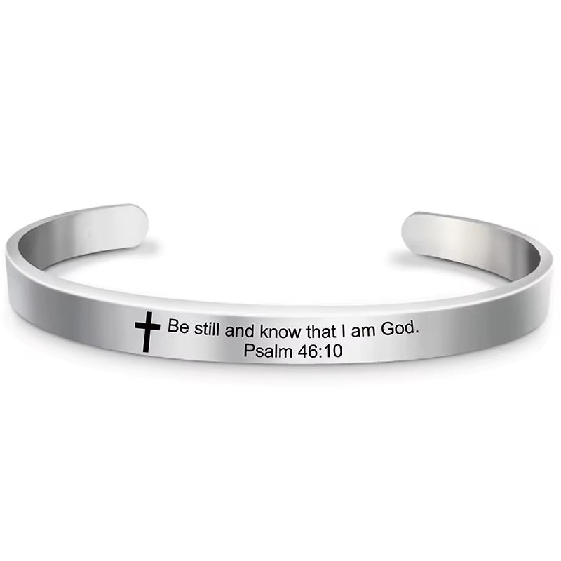 Classic Cross Bible Verse Stainless Steel Cuff Bracelet Bangle Christian Scripture Psalm Bangles for Women Men Jewelry
