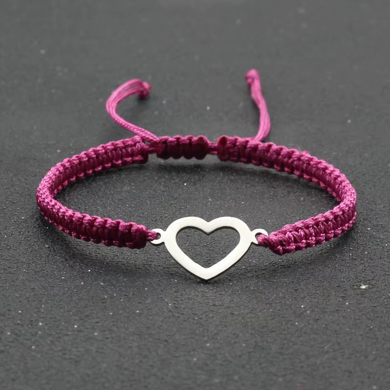 Silver Color Stainless Steel Love Heart Bracelet Couples Handmade Braided Lucky Rope Charm Bracelets for Women Men Jewelry Gift