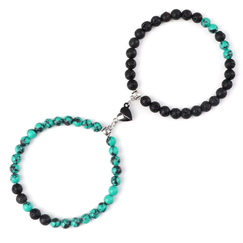 2 Pcs/Set Natural Stone Beads Bracelets Couples Fashion Black White Heart Magnet Connected Stretch Bangles for Women Men Jewelry