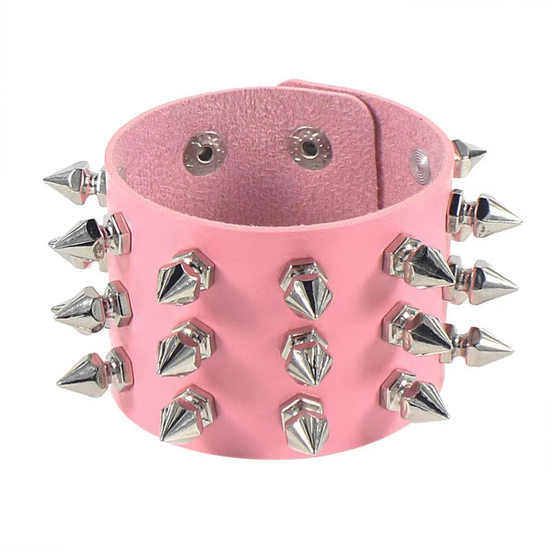 Three Row Cuspidal Spikes Rivet Stud Wide Cuff PU Leather Punk Gothic Rock Unisex Bracelet Men Jewelry Leather Bracelet