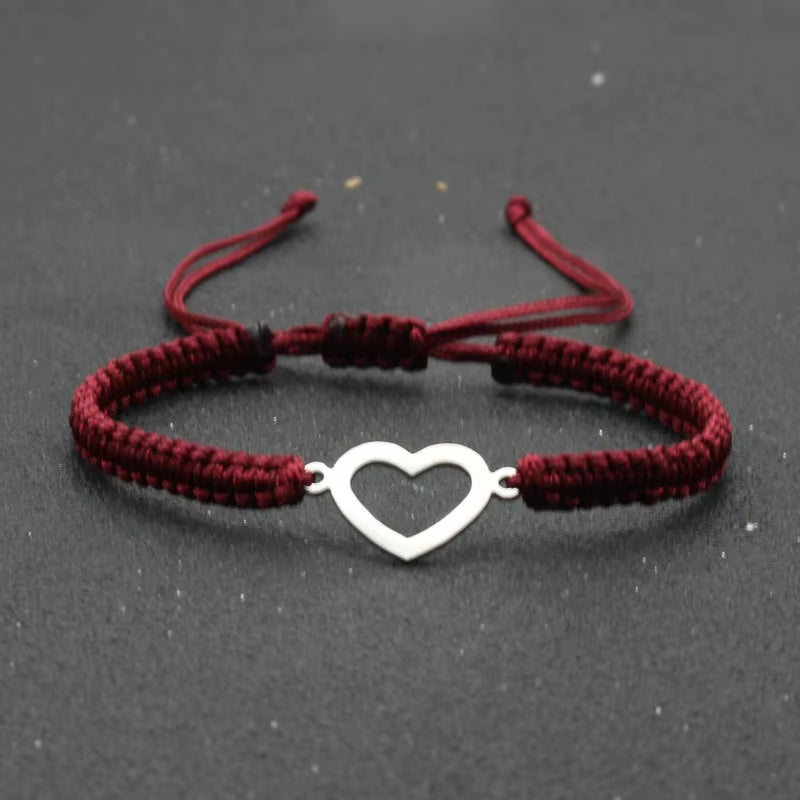 Silver Color Stainless Steel Love Heart Bracelet Couples Handmade Braided Lucky Rope Charm Bracelets for Women Men Jewelry Gift