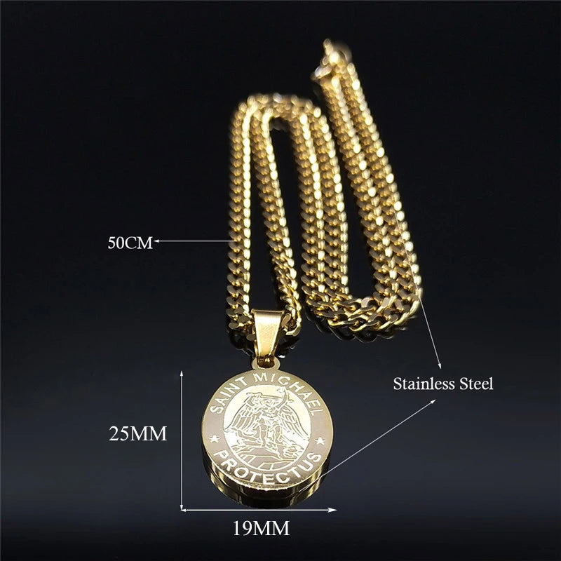 SAINT MICHAEL PROTECT US Archangel Stainless Steel Saint Michael Necklace Men/Women Gold Color Pendant Necklace Jewelry N3032S05