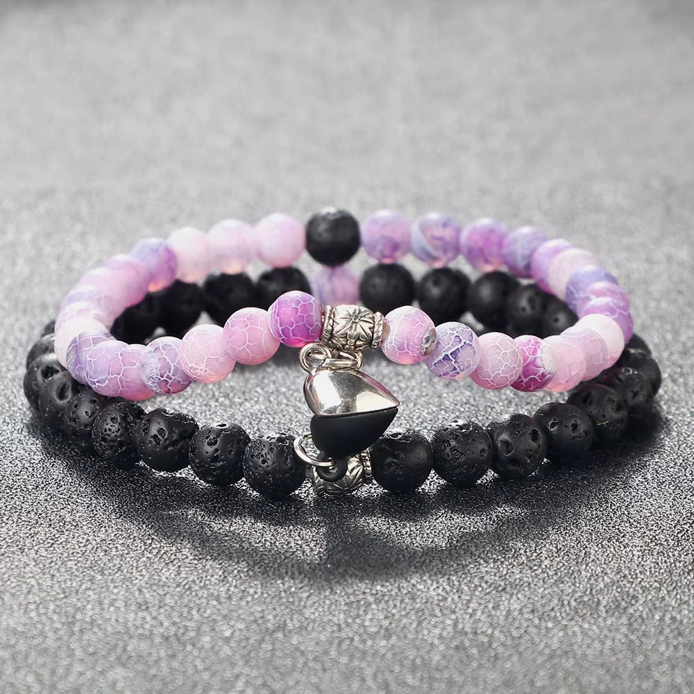 2 Pcs/Set Natural Stone Beads Bracelets Couples Fashion Black White Heart Magnet Connected Stretch Bangles for Women Men Jewelry