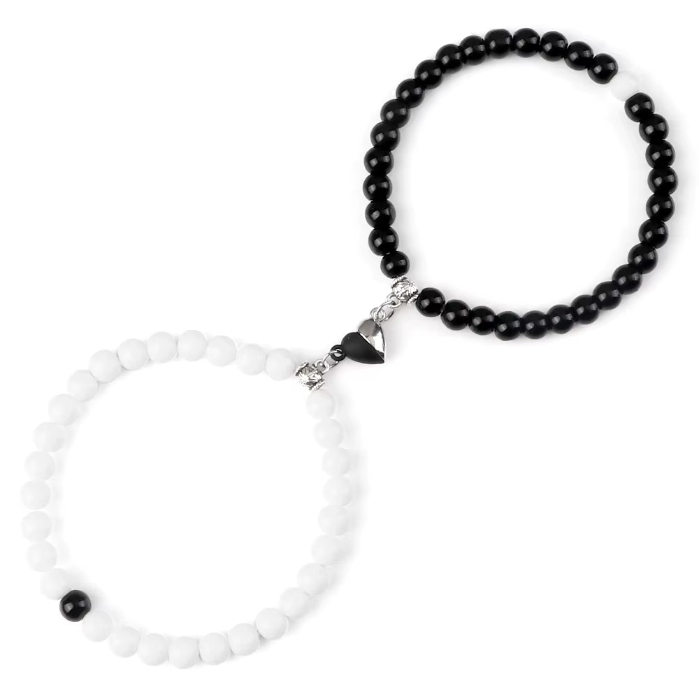 2 Pcs/Set Natural Stone Beads Bracelets Couples Fashion Black White Heart Magnet Connected Stretch Bangles for Women Men Jewelry